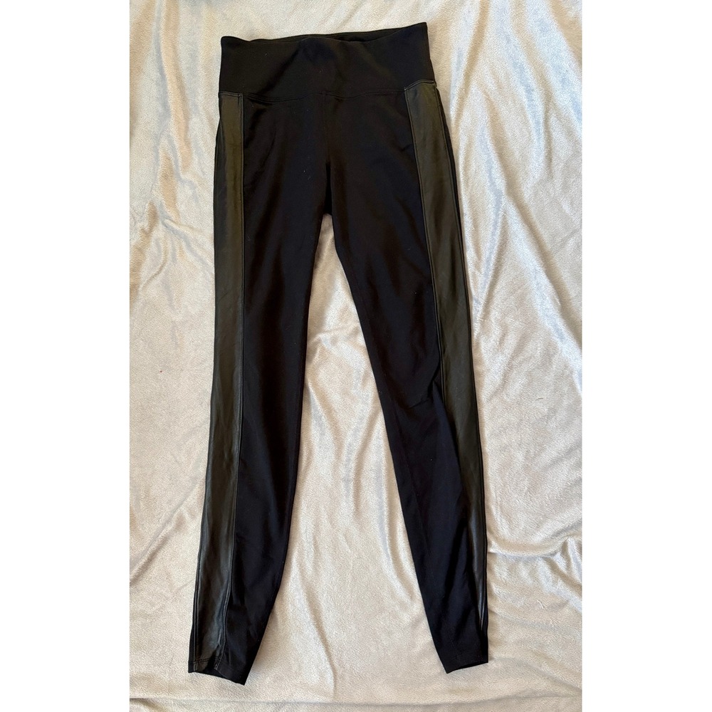 Athleta Leggings Women S Black Faux Leather Side Panel High Rise Moto Pocket